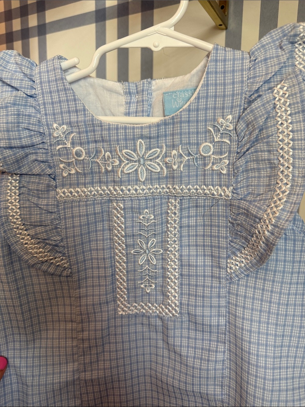 Light Blue Checked Embroidered Ruffle-Sleeve Kids Dress - 5 - Picture 8 of 8
